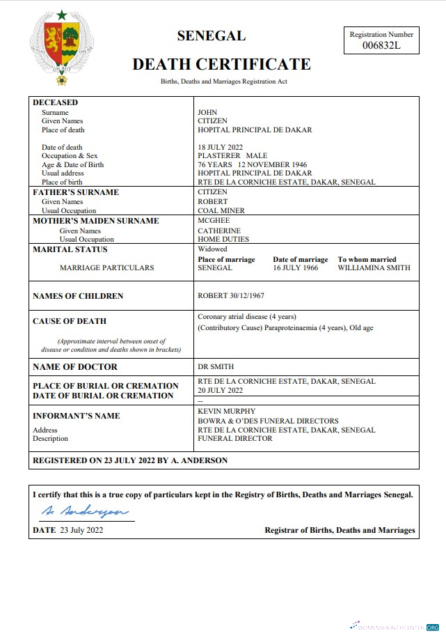 Download Senegal vital record death certificate Word and PDF template Photoshop template